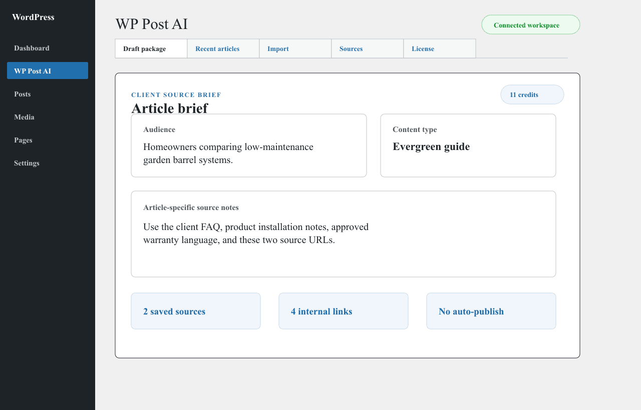 WP Post AI WordPress admin article brief screen
