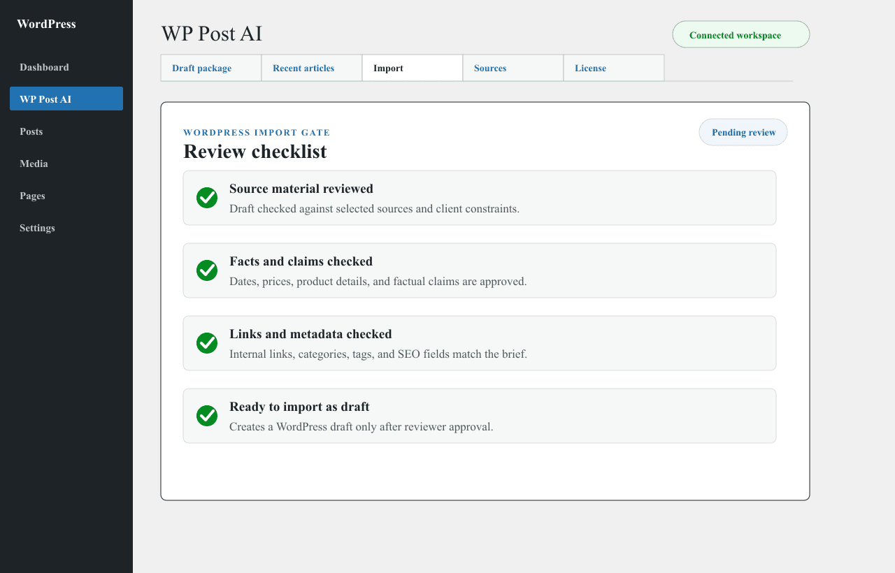 WP Post AI review checklist before WordPress import