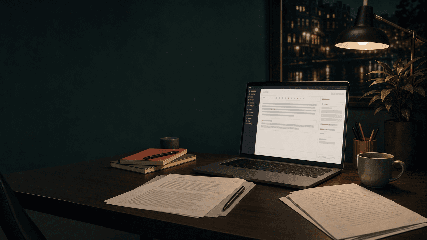 Editorial publishing desk with article drafts, source notes, and a WordPress editor